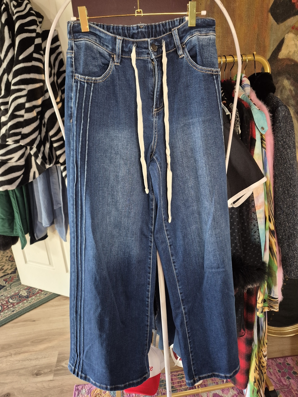 Risen Wide-Leg Denim Jeans with Drawstring